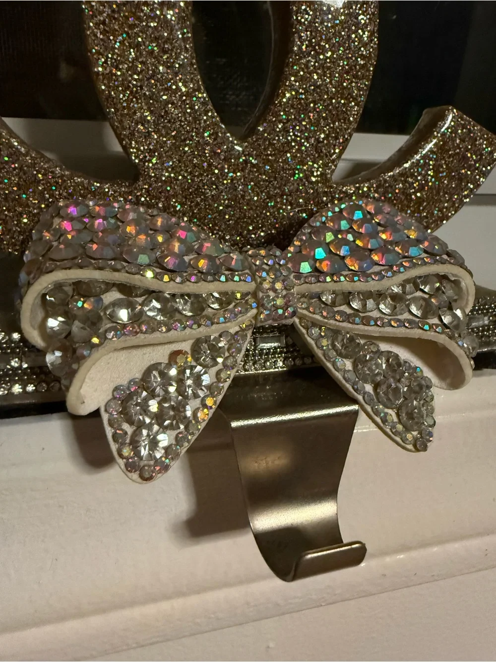 Glitter Rhinestone Bow Christmas Stocking Holder Glam Mantel Decor Handmade